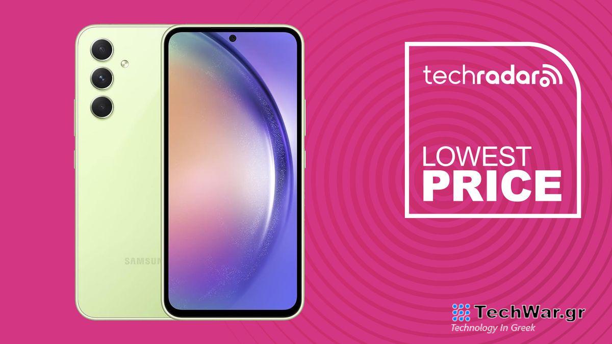 Samsung Galaxy A54 in green on a lowest price banner