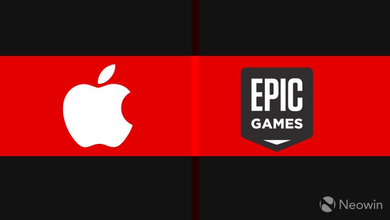 Apple and Epic Games logos on a red background