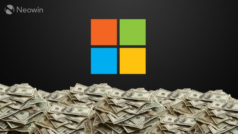 Microsoft logo on a dark background with stacks of cash at the bottom
