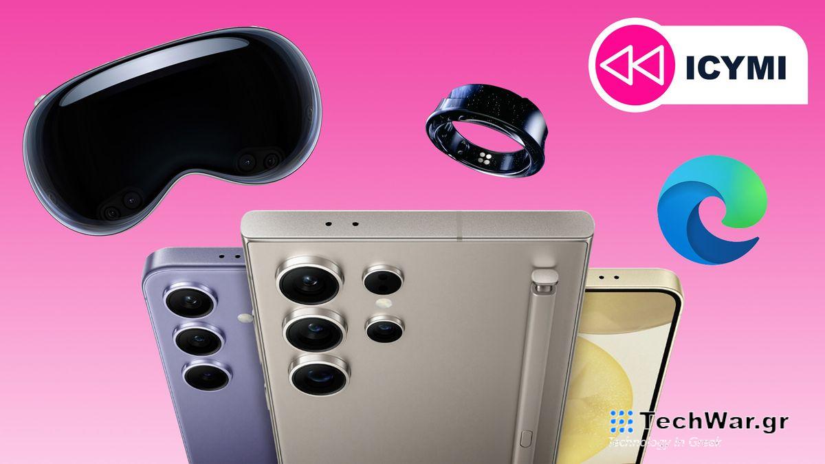 The Samsung Galaxy S24, Galaxy S24 Plus and Galaxy S24 Ultra floating in front of the Apple Vision Pro, Galaxy Ring, and Microsoft Edge logo