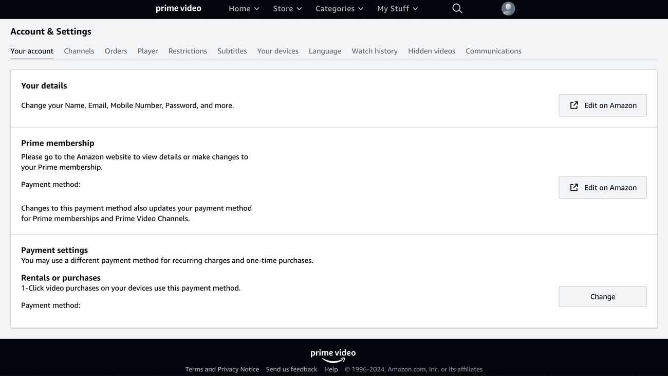 Στιγμιότυπο οθόνης της σελίδας λογαριασμού Prime Video
