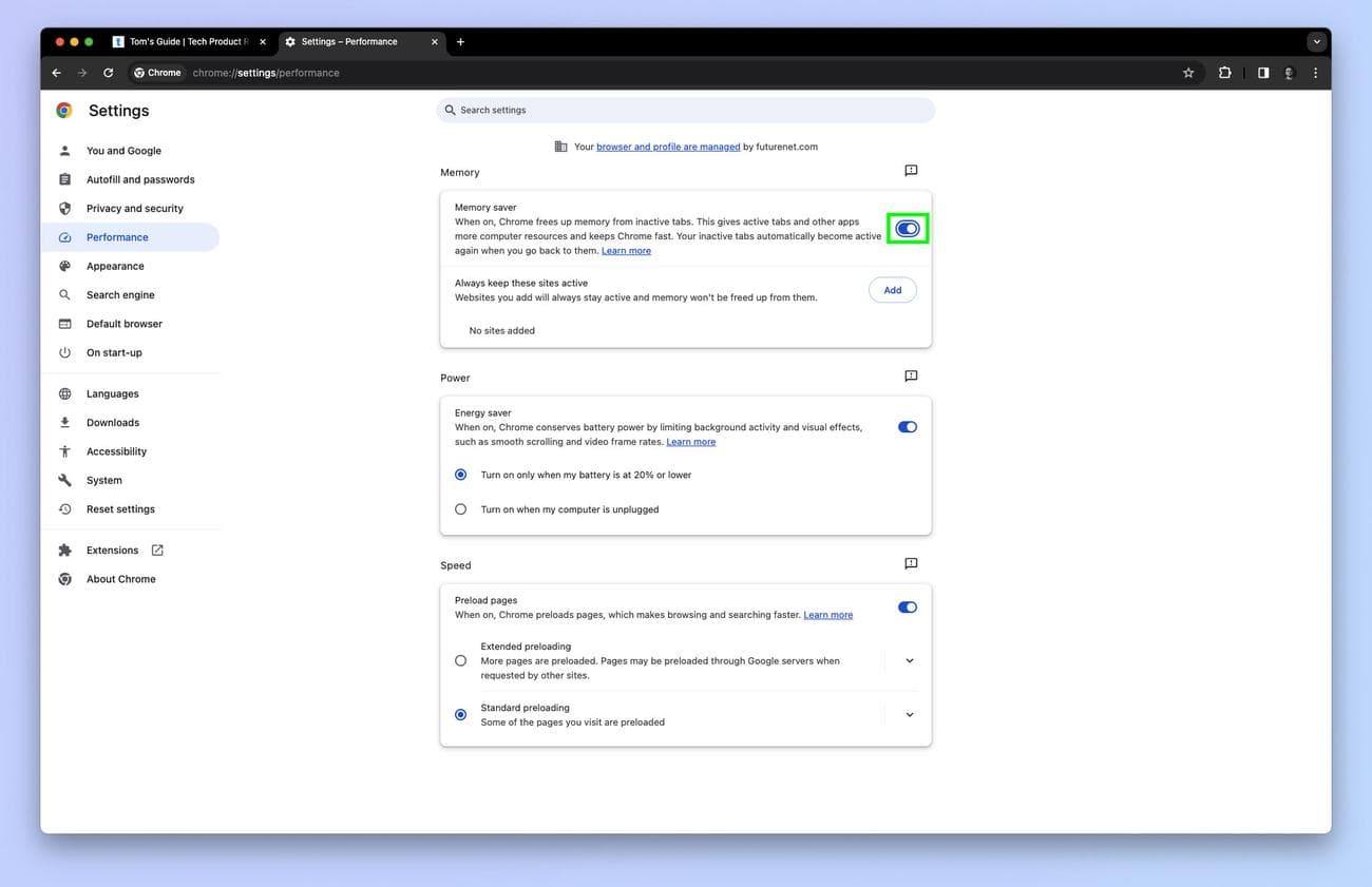 Ένα στιγμιότυπο οθόνης που δείχνει πώς να ενεργοποιήσετε την εξοικονόμηση μνήμης Chrome