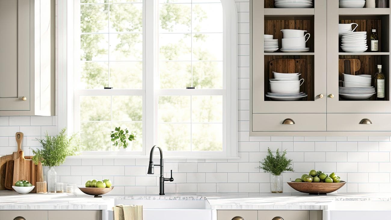 Ντουλάπι κουζίνας κοντά στο νεροχύτη σε μια έντονα φωτισμένη κουζίνα