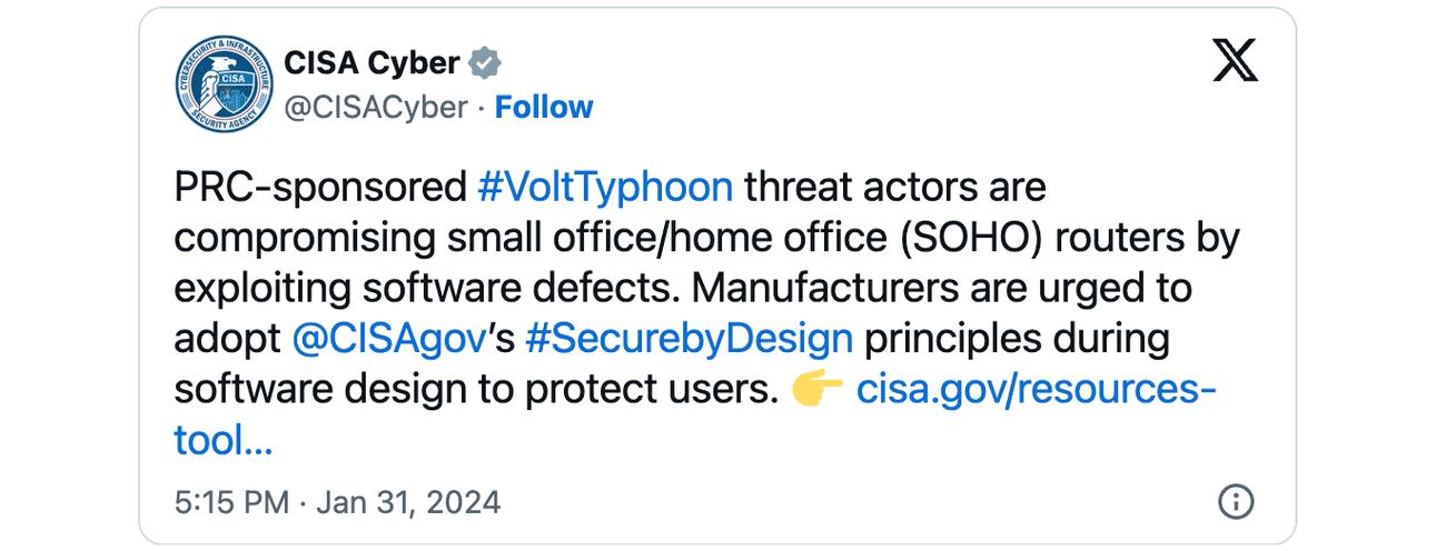 Tweet CISA Volt Typhoon
