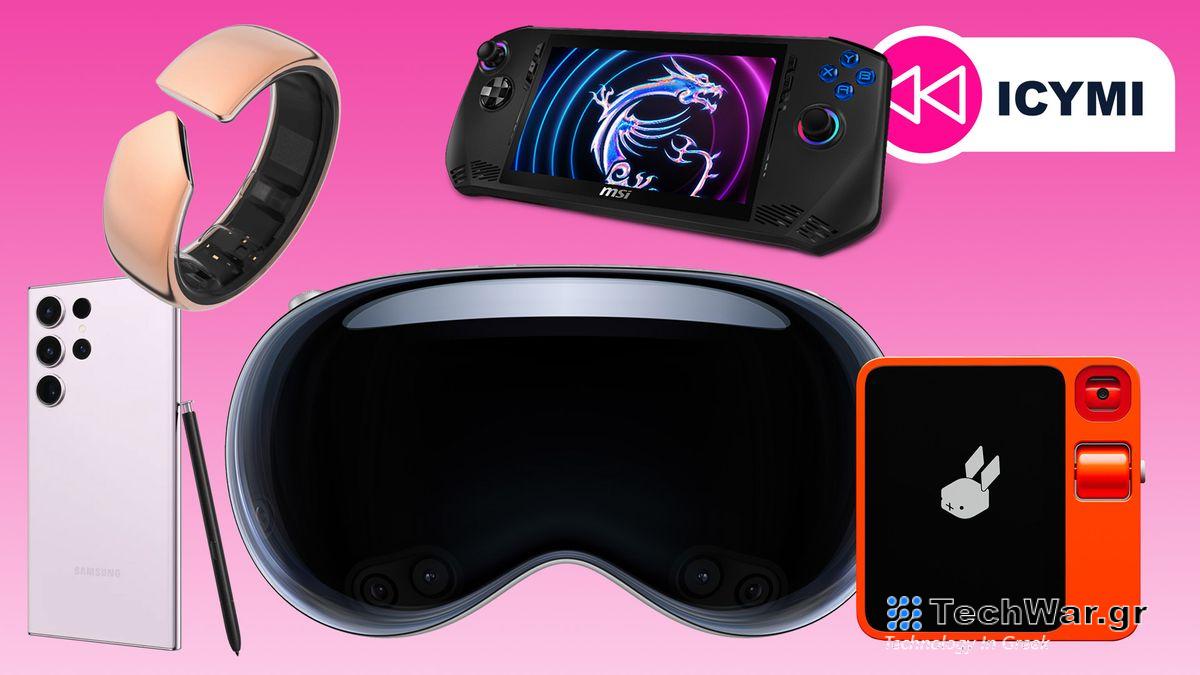 Samsung Galaxy S23 Ultra, Rabbit r1, Evie Smart Ring, Apple Vision Pro and MSI Claw on a pink background