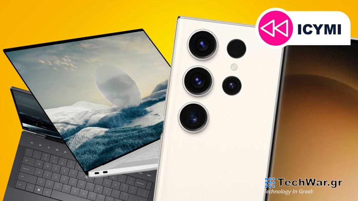 Two Dell laptops and a Samsung Galaxy S23 phone on an orange background