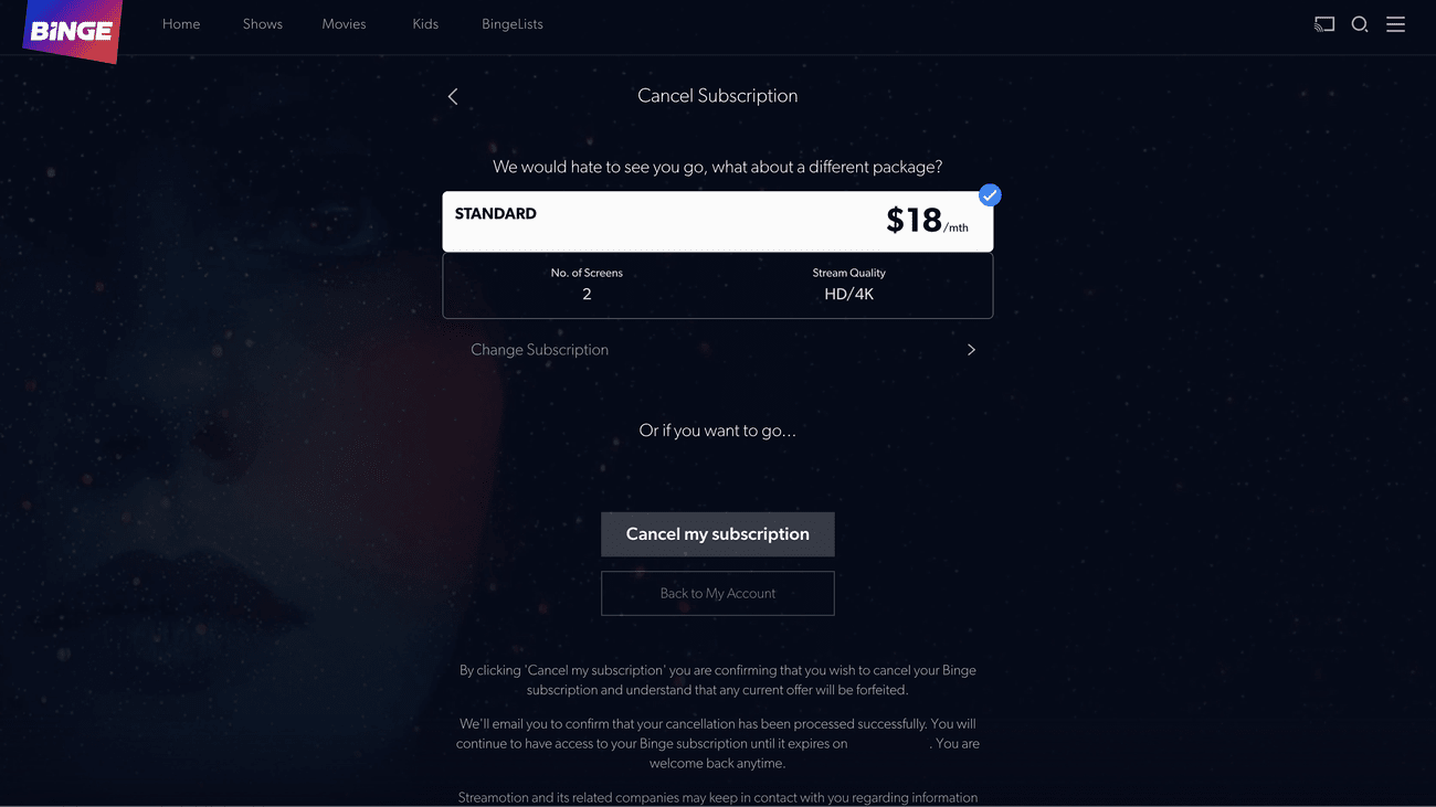Στιγμιότυπο οθόνης της σελίδας ακύρωσης Binge
