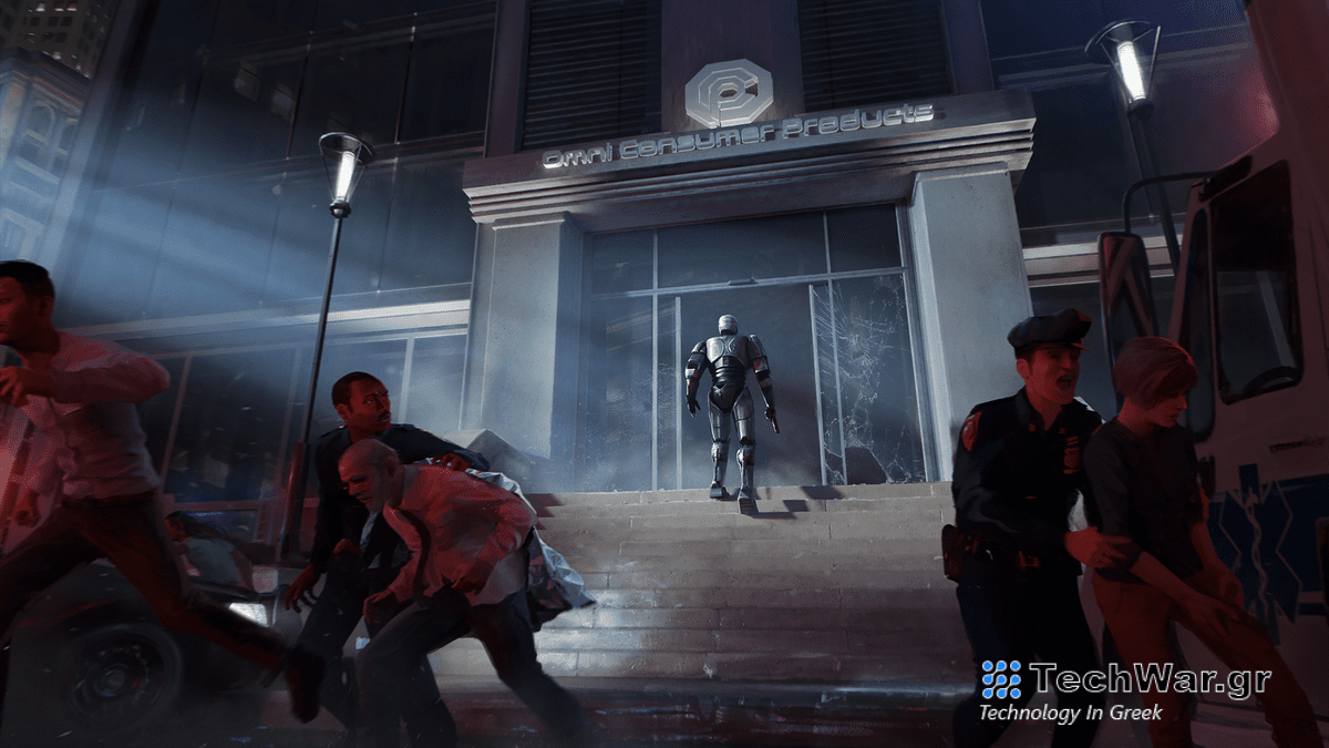 Robocop walking into a room