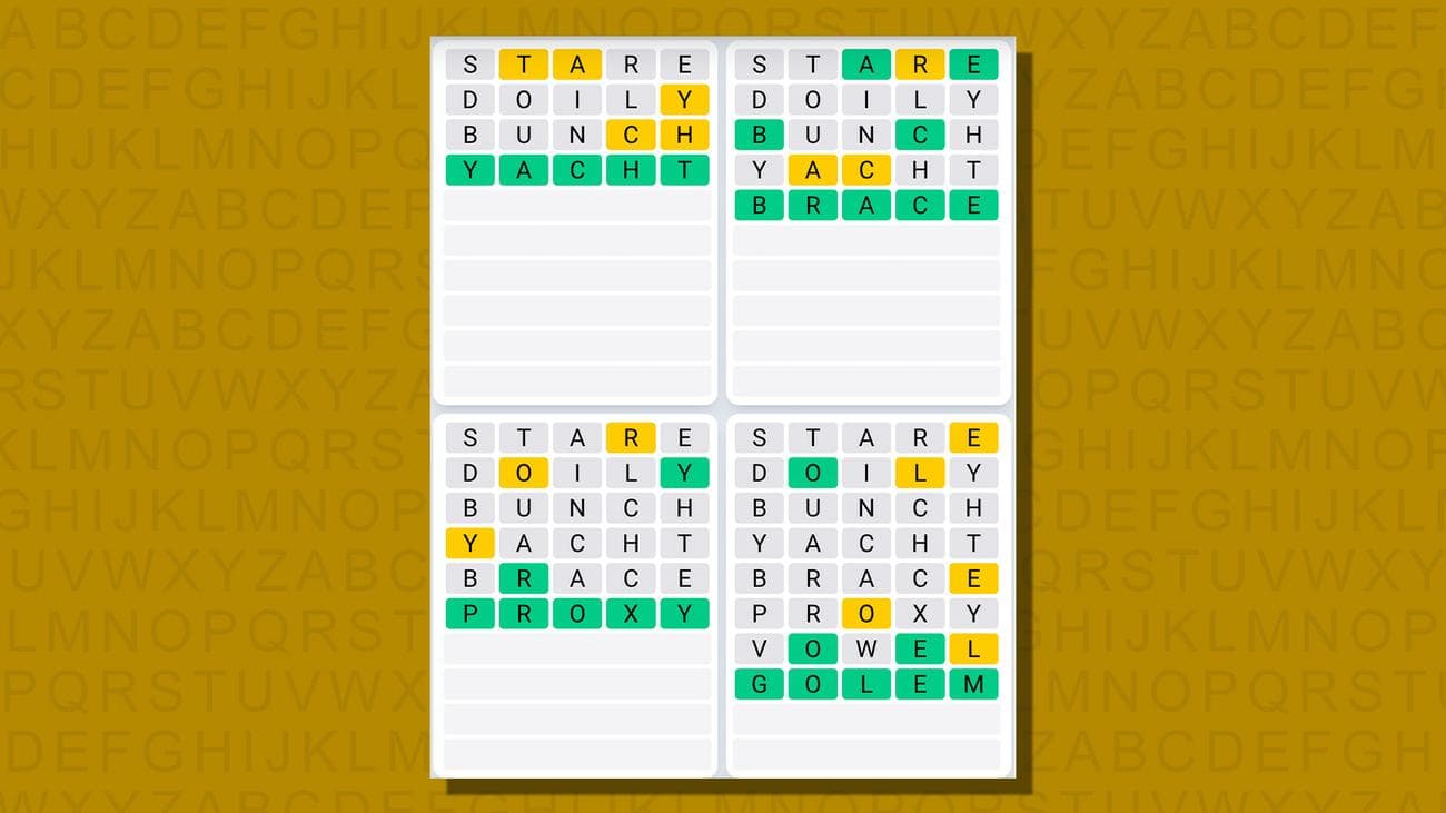 Quordle καθημερινές απαντήσεις ακολουθίας για το παιχνίδι 731 σε κίτρινο φόντο