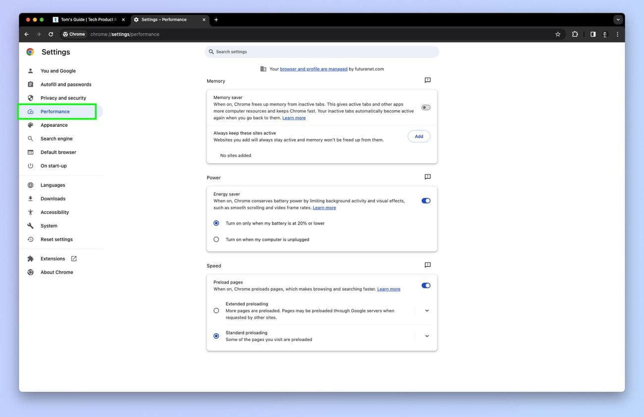 Ένα στιγμιότυπο οθόνης που δείχνει πώς να ενεργοποιήσετε την εξοικονόμηση μνήμης Chrome