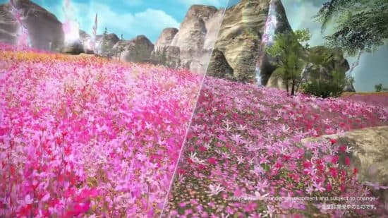 Ημερομηνία κυκλοφορίας FFXIV Dawntrail - στιγμιότυπο οθόνης δίπλα-δίπλα που δείχνει αυξημένη πυκνότητα φυλλώματος και ζωντάνια χρώματος στη νέα ενημέρωση γραφικών.