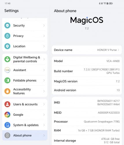 Το Honor V Fold φέρνει ένα Snapdrgaon 778G SoC μαζί με 16GB RAM και 512GB αποθηκευτικό χώρο