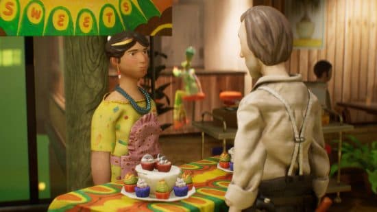 Ημερομηνία κυκλοφορίας του Harold Halibut: Ο Χάρολντ μιλά σε μια γυναίκα που έχει έναν πάγκο με κέικ.