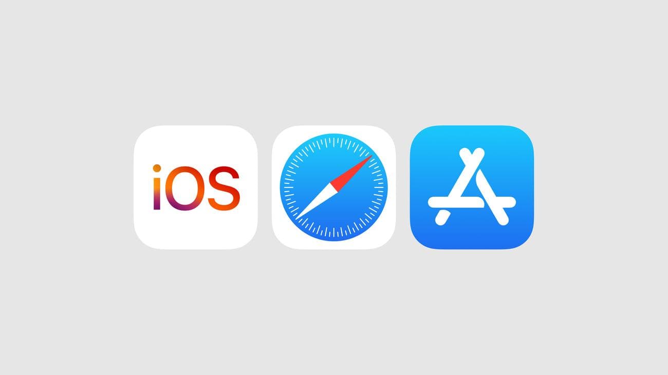 Τα λογότυπα iOS, Safari και App Store σε γκρι φόντο