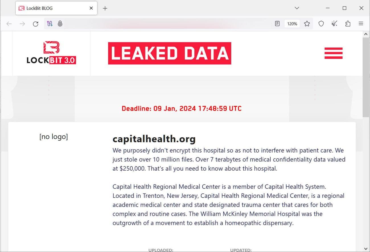 Επίθεση στο Capital Health που αξιώθηκε από το LockBit ransomware, κίνδυνος διαρροής δεδομένων, Επίθεση στο Capital Health που αξιώθηκε από το LockBit ransomware, κίνδυνος διαρροής δεδομένων, TechWar.GR