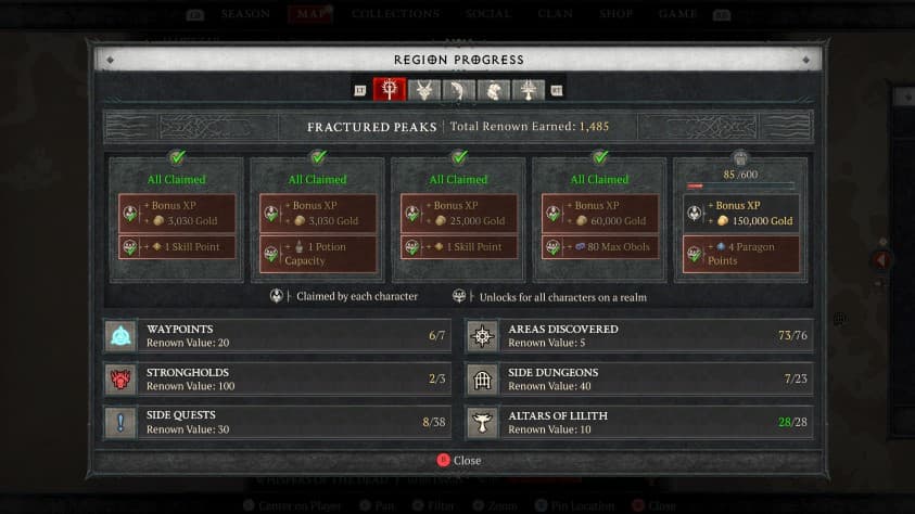 Diablo 4 renown screen