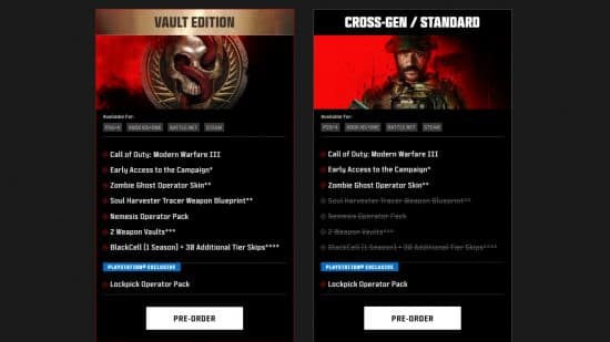 Η σύγκριση μεταξύ των εκδόσεων MW3, που δείχνει ότι το Blackcell και το Battle Pass περιλαμβάνονται στην έκδοση MW3 Vault.