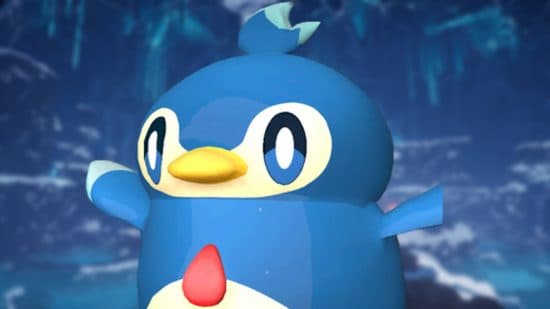 Το Pengullet, ένα από τα καλύτερα Palworld Cooling Pals, απλώνει τα βατραχοπέδιλά του με φόντο το Crystal Ice Cave.