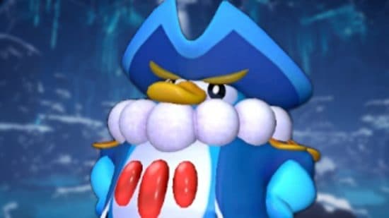 Το Penking, ένα από τα καλύτερα Palworld Cooling Pals, ποζάρει με τα βατραχοπέδιλα στους γοφούς του με φόντο το Crystal Ice Cave.