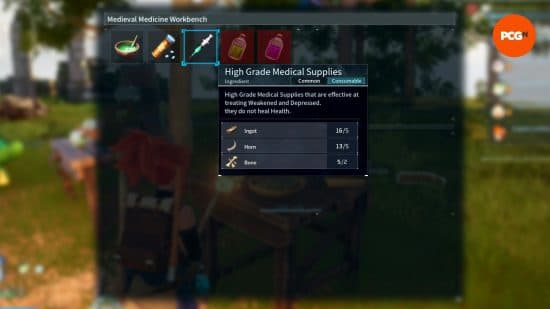Πώς να θεραπεύσετε τους φίλους: Η συνταγή για ιατρικές προμήθειες υψηλής ποιότητας σε έναν πάγκο εργασίας ιατρικής στο Palworld.