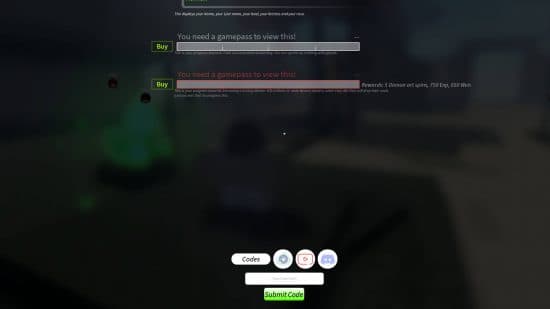 Η τοποθεσία όπου μπορείτε να εξαργυρώσετε τους κωδικούς του Project Slayers βρίσκεται στο κάτω μέρος του στιγμιότυπου οθόνης.