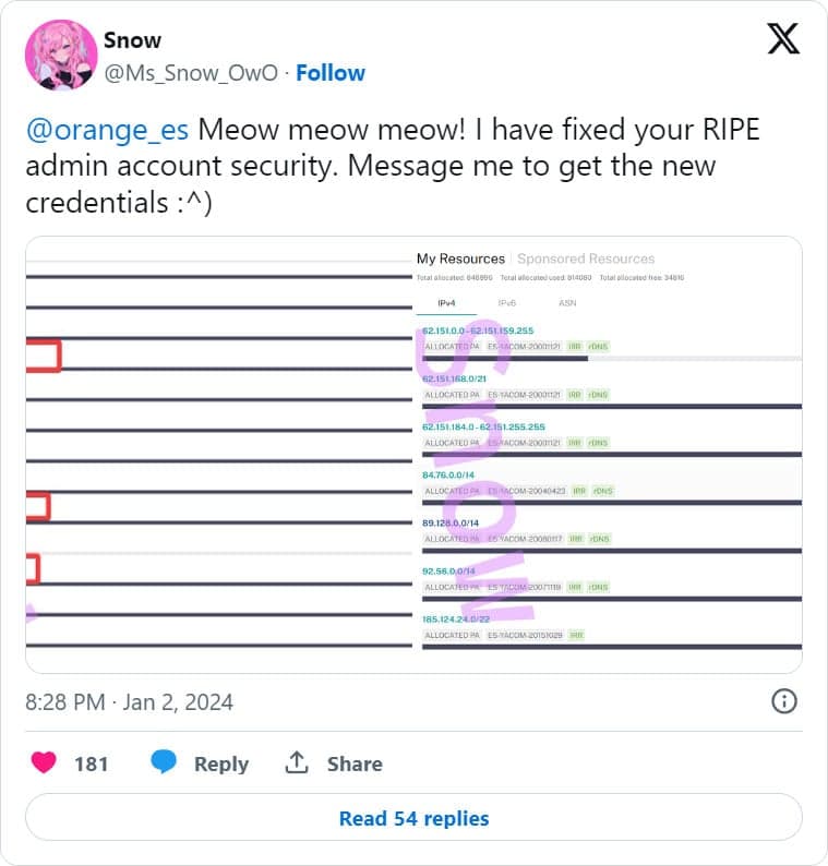 Χάκερ πειράζει τον λογαριασμό Orange Spain RIPE για να προκαλέσει όλεθρο στο BGP, Χάκερ πειράζει τον λογαριασμό Orange Spain RIPE για να προκαλέσει όλεθρο στο BGP, TechWar.GR