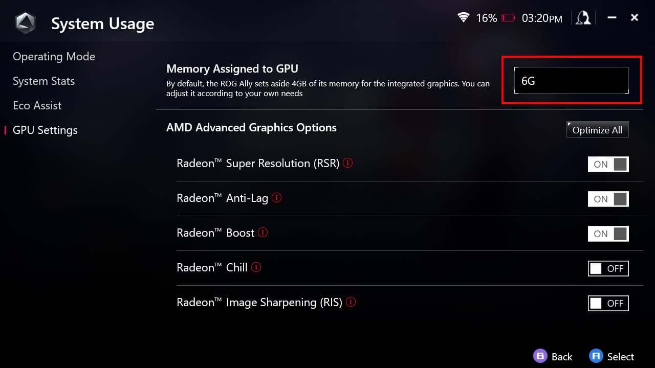 Η μνήμη ROG Ally εκχωρήθηκε στην GPU 6G