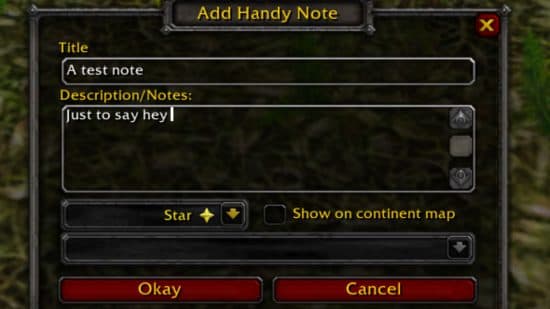 Best WoW addons 2022: The HandyNotes mod menu, which includes text fields for the title and description of the note in question.