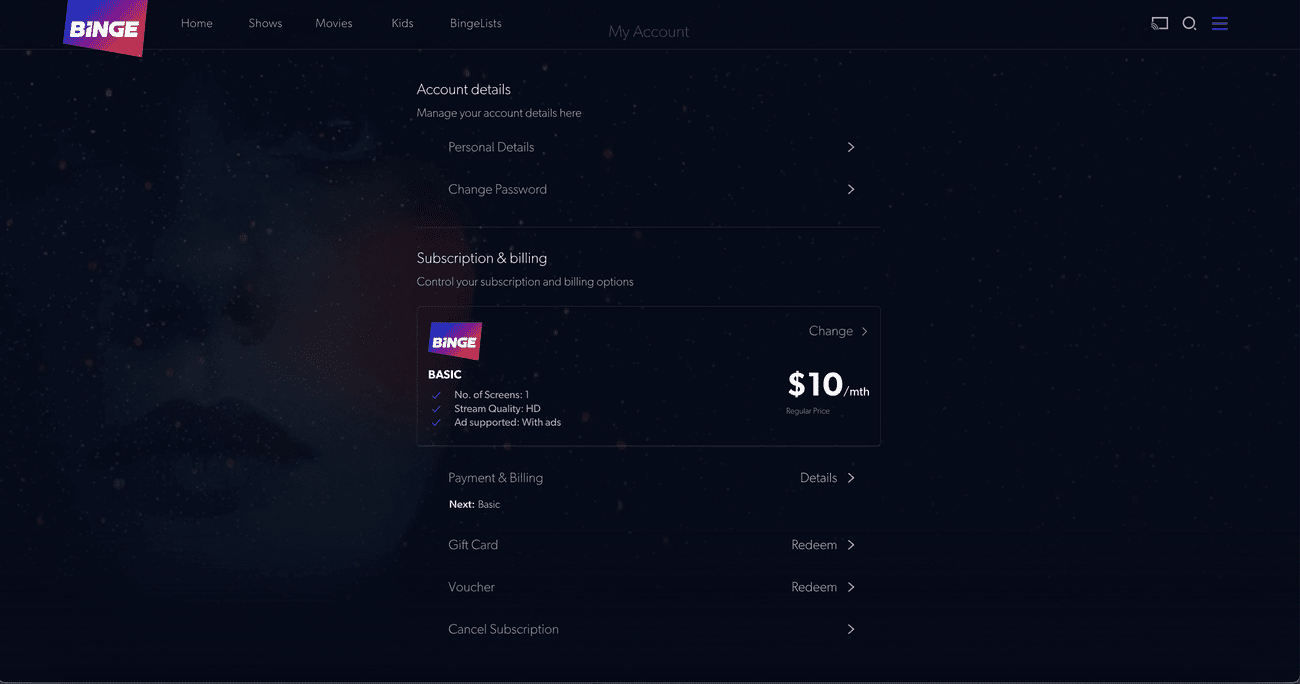 Στιγμιότυπο οθόνης της σελίδας συνδρομής και λογαριασμών του Binge
