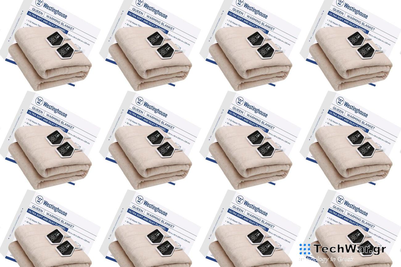 A tan heated blanket package on a white background in a repeating pattern.