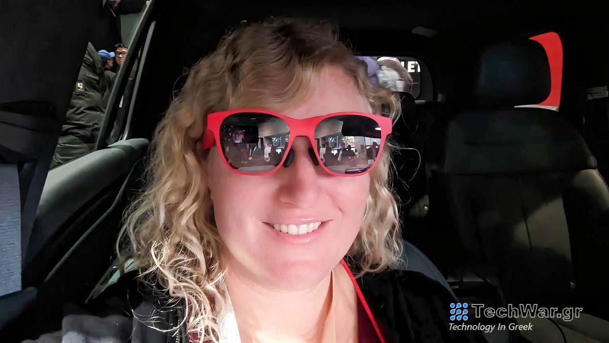 Red XREAL Air 2 glasses on Rebecca Spear.