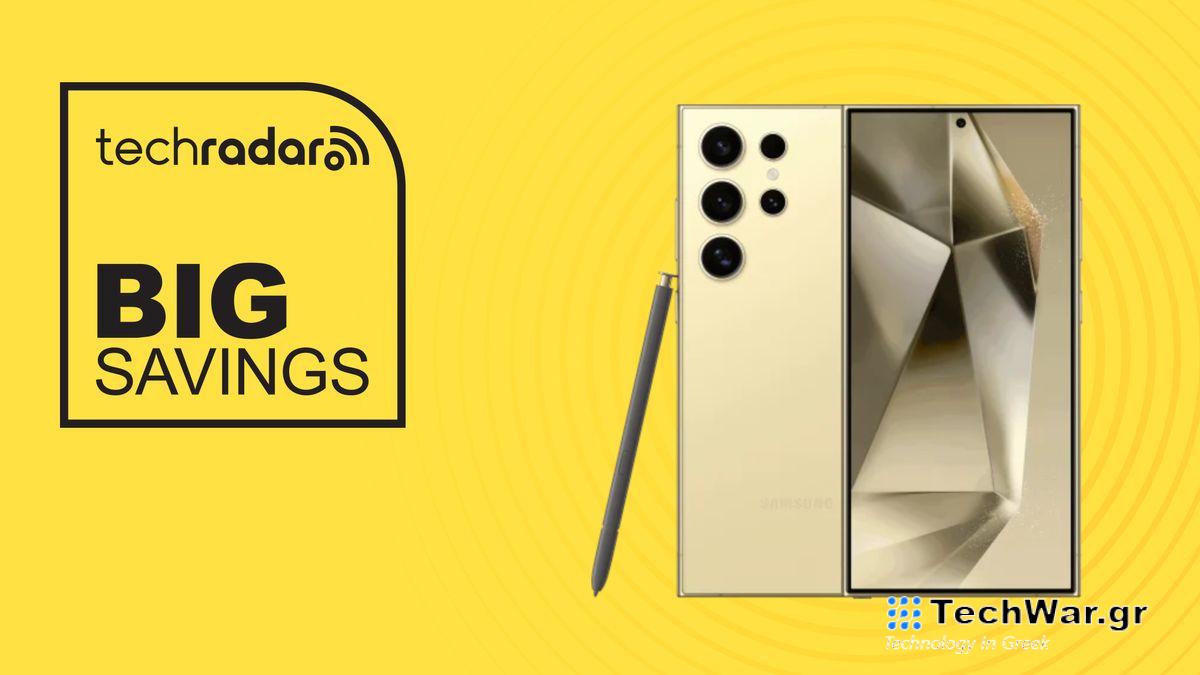 Samsung Galaxy S24 Ultra on yellow background with big savings text overlay