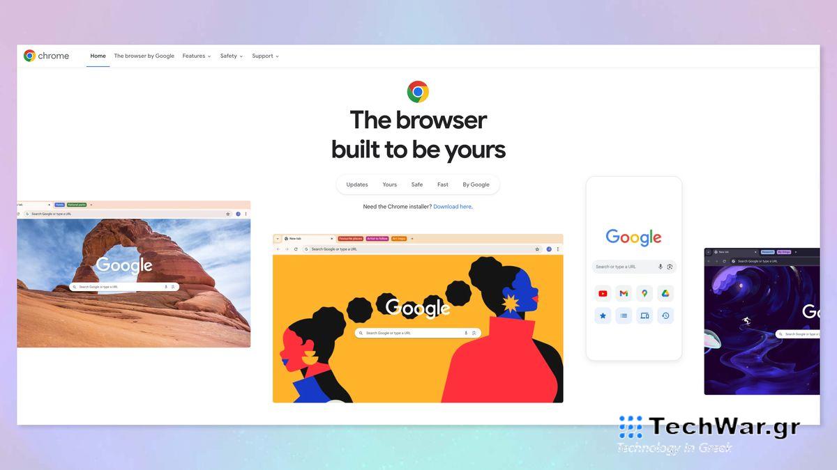 A screenshot of the Google Chrome splash page against a purple and teal background