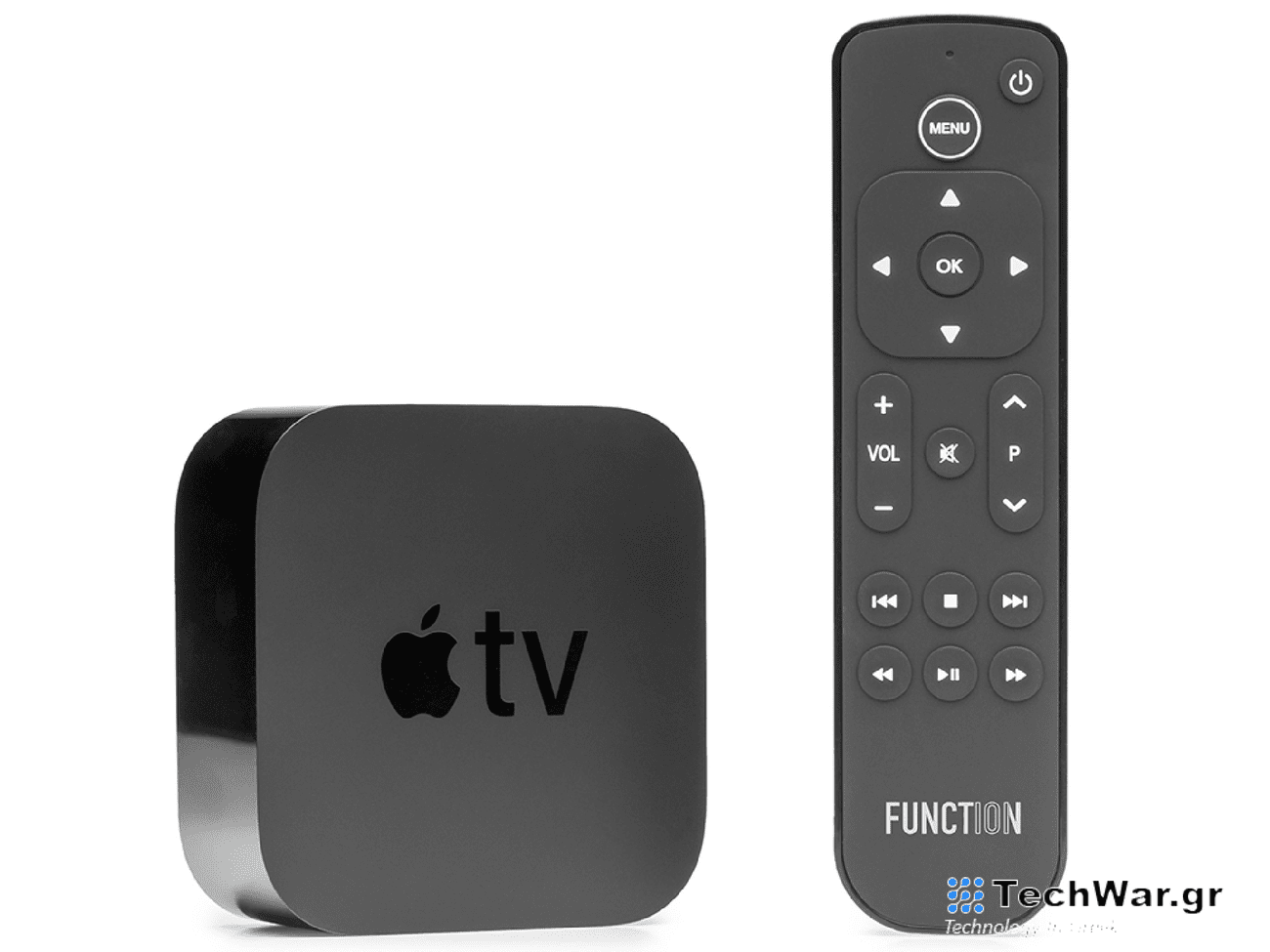 An Apple TV and Function101 4K smart TV remote on a plain background.