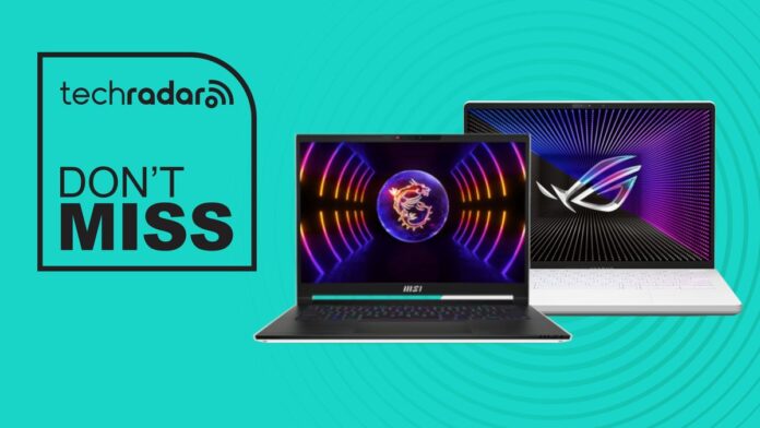 MSI Stealth 14 and Asus Zephyrus G14 gaming laptops on blue background with don