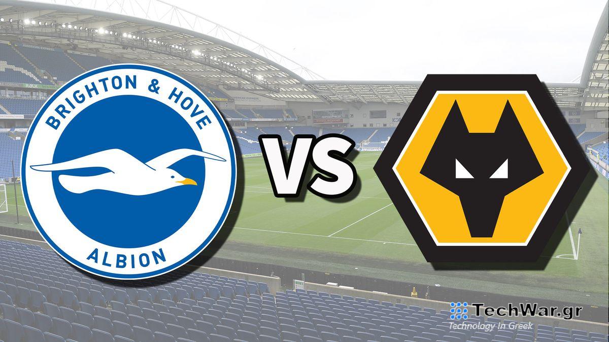 The Brighton & Hove Albion and Wolverhampton Wanderers club badges on top of a photo of The Amex Stadium in Brighton, England