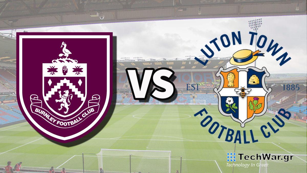 The Burnley and Luton Town club badges on top of a photo of Turf Moor stadium in Burnley, England
