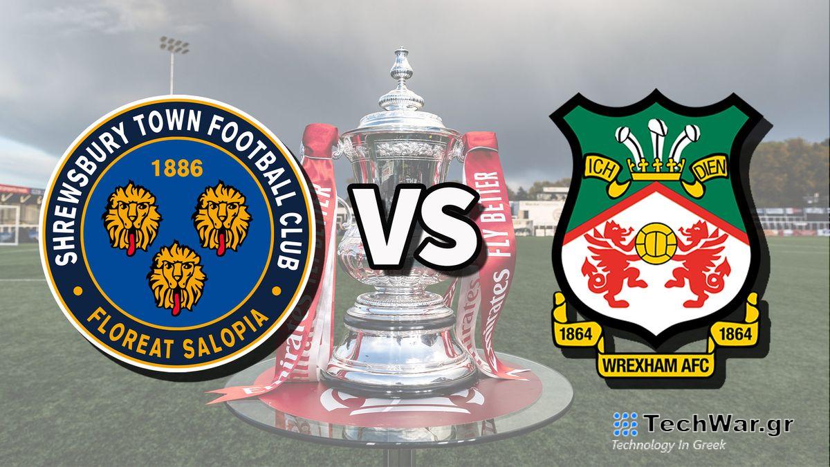 Shrewsbury and Wrexham football club logos over an image of the FA Cup Trophy