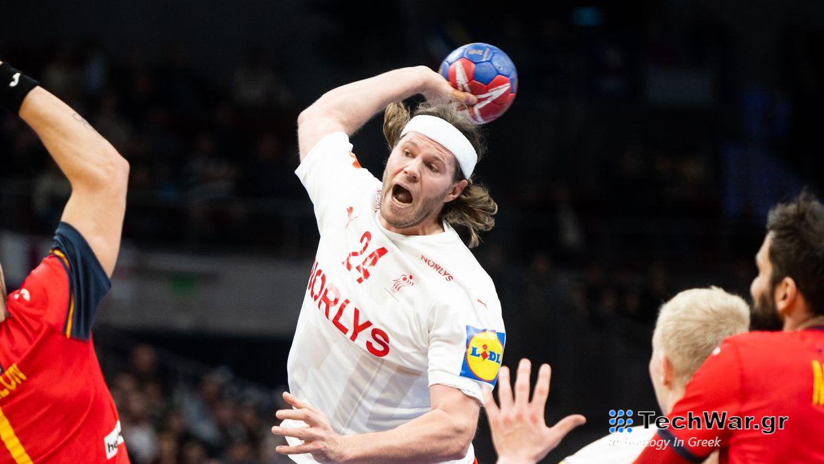 Mikkel Hansen of Denmark, in white shirt, throwing the ball ahead of the Germany vs Denmark semi-final at the Euro 2024 Handball