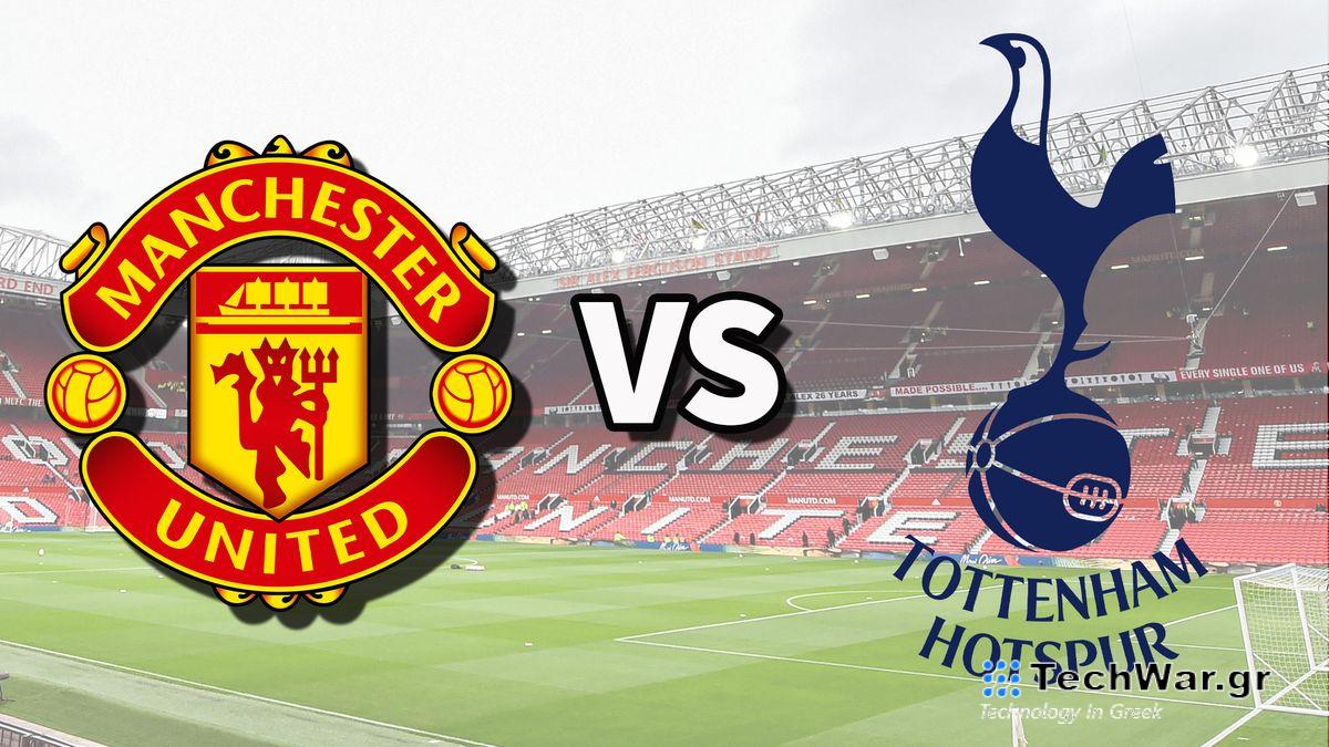 The Manchester United and Tottenham Hotspur club badges on top of a photo of Old Trafford stadium in Manchester, England