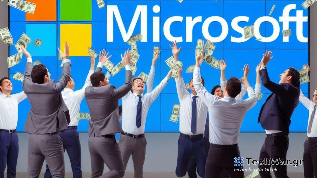 Microsoft employees throwing cash in the air