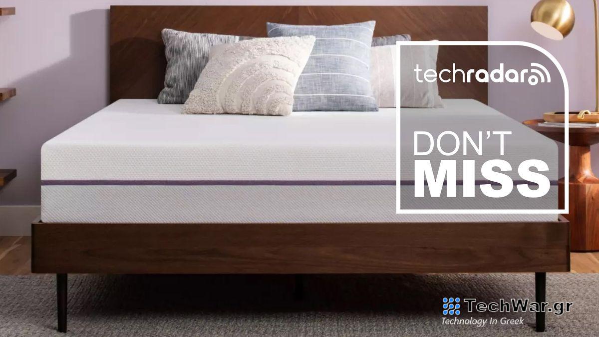 The Purple mattress on a bed with a graphic overlaid saying "DON