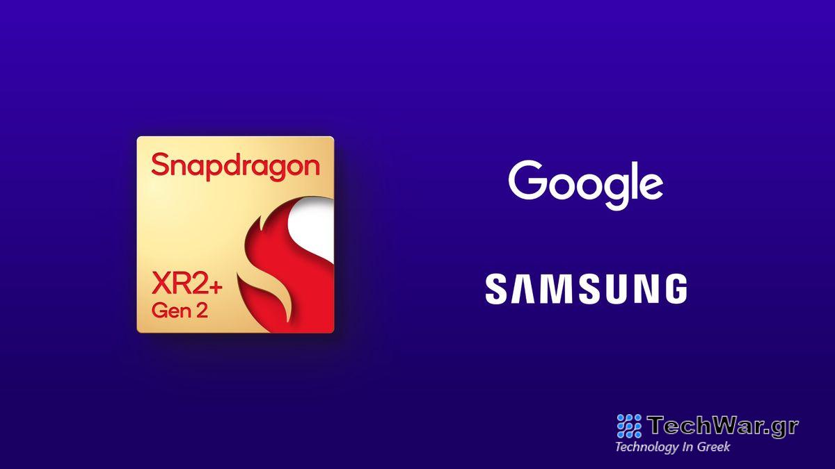 Qualcomm Snapdragon XR2+ chip next to Google and Samsung logos 
