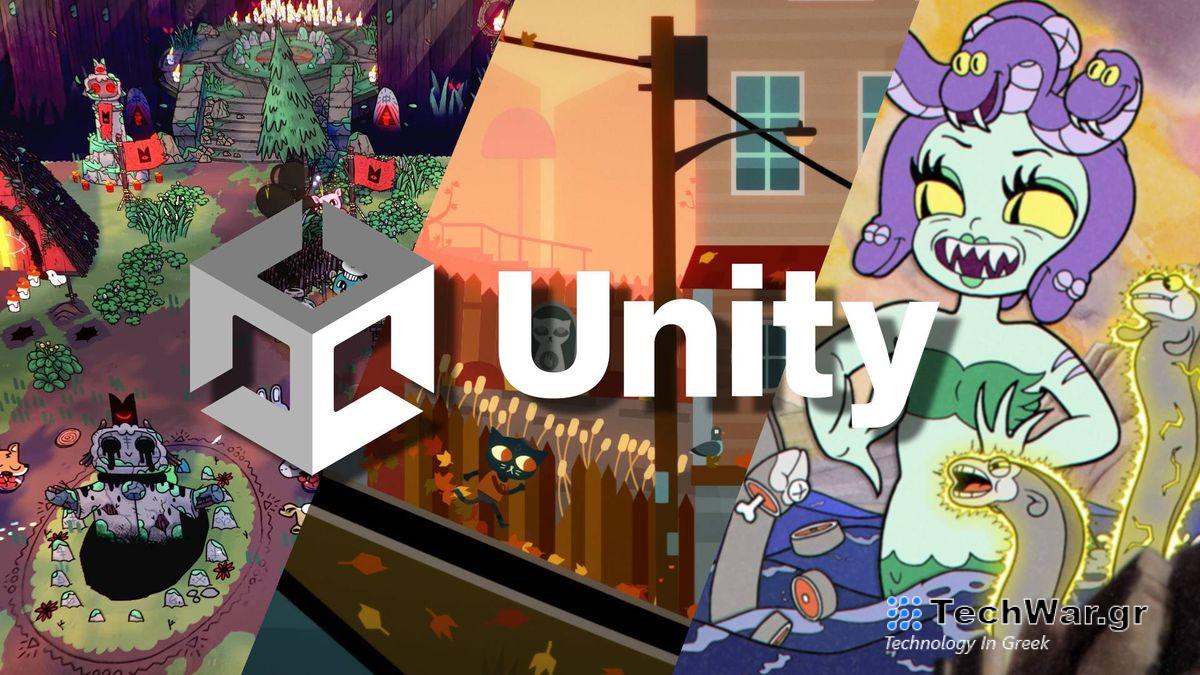 A selection of games made in Unity Engine, overlaid with the Unity logo.