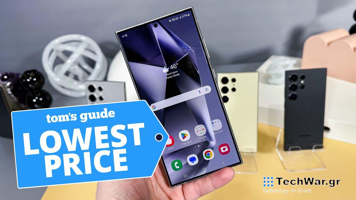 Galaxy S24 Ultra held in hand with home screen on display