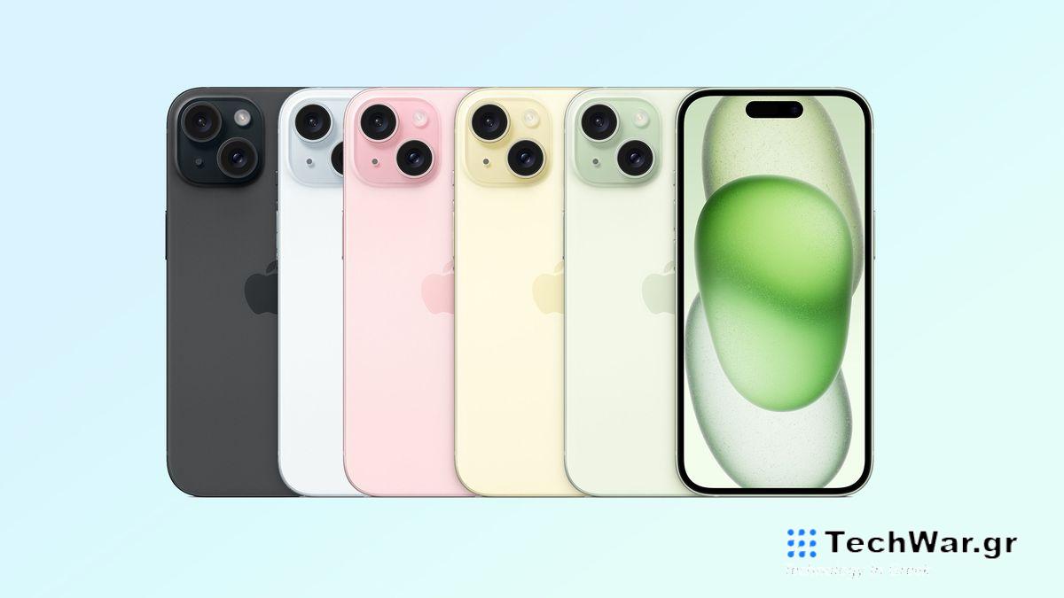 iphone 15 in five colors on blue background