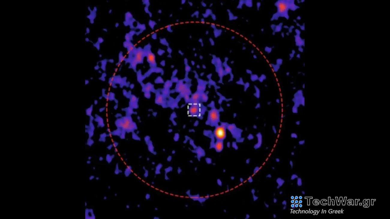 A team of astronomers identified a new radio source (white square) in the center of globular cluster 47 Tucanae (red circle).