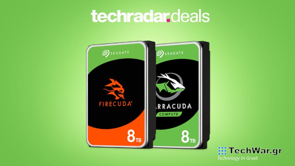 Seagate Barracude and Firecuda on green background with TechRadar deals text overlay