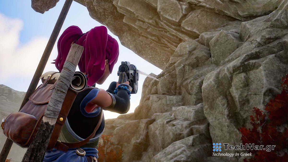 Palworld Grapple Gun taking aim. 