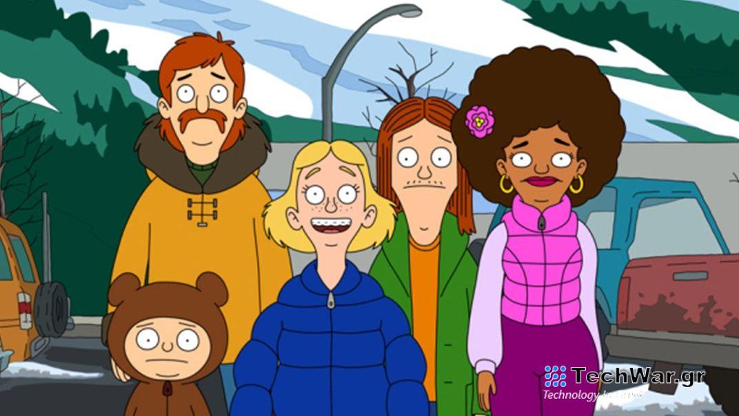 Beef Tobin and family assemble in a snowy scene from Fox animated comedy The Great North season 4